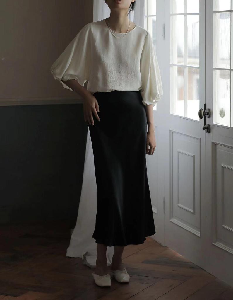 Comfort Memory Imported Acetate Satin A-Line Skirt with Silky Drape and Slimming Elastic Waist