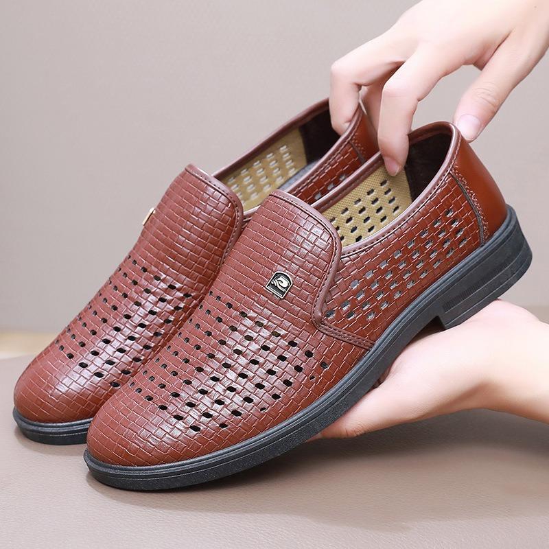 Summer leather sandals men's height increase breathable hollow business leather shoes men's casual hole shoes high-end fashion