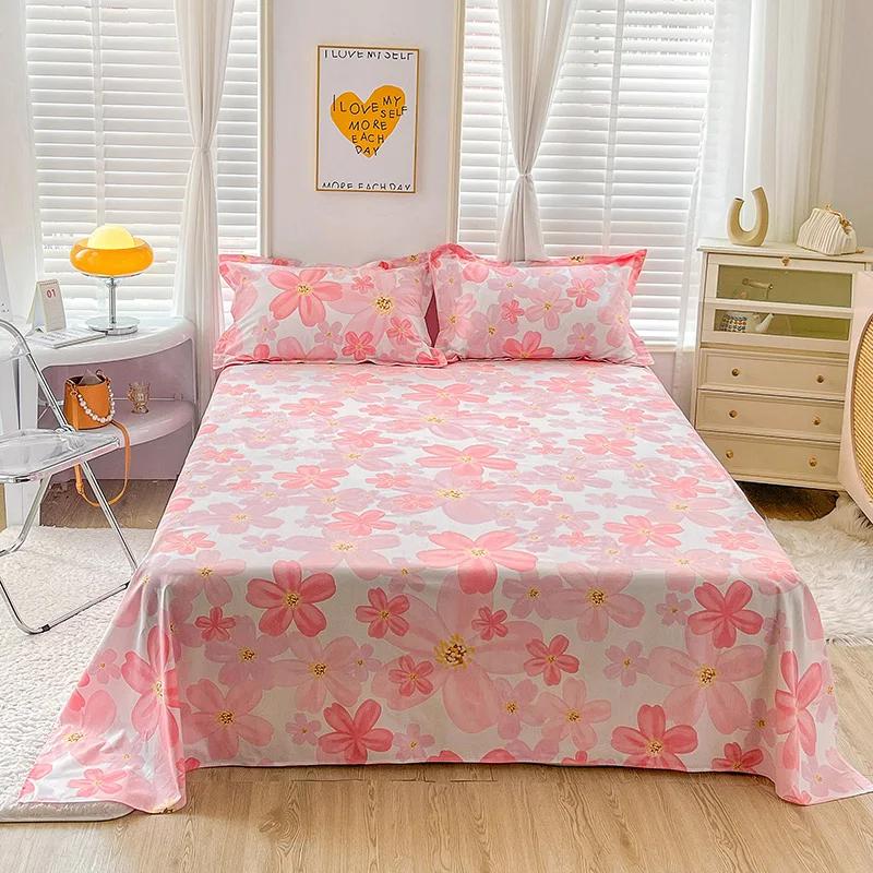 Pink Floral Bed Sheet Set Soft Cotton 4 Pieces Queen Botanical Bed Set, 8 Inch Deep Pocket Fitted Sheet, Flat Sheet, Pillowcases