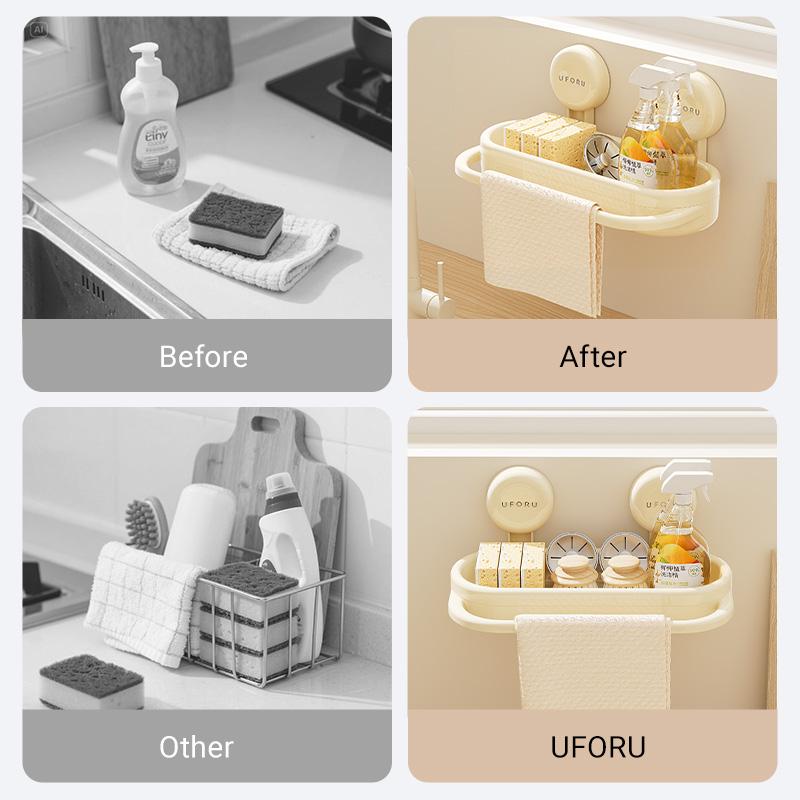 UFORU Kitchen storage rack sink cloth drain rack sponge scrub hand liquid free punching suction cup plastic storage rack