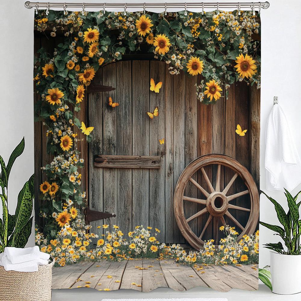 1pc Country Farm Barn, Flower Sunflower Print Waterproof Shower Partition Privacy Hanging Curtain with Hooks Machine Washable