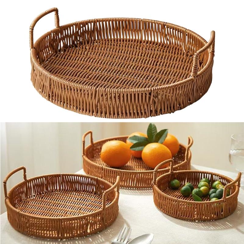 Portable PP Handwoven Look Serving Tray With Easy Carry Handles For Dining Table Decoration