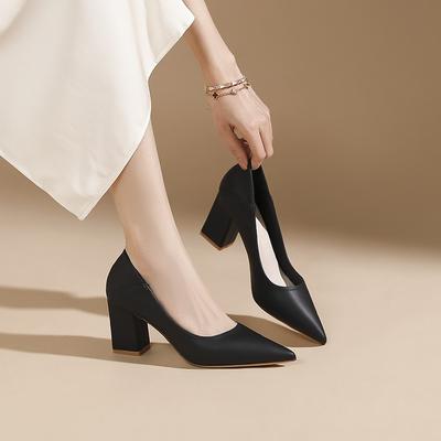 Spitze Zehenpartie, flacher Ausschnitt, dicker Absatz, High Heels, Damen Herbst Neu, zwei Tragevarianten, professionell, Arbeit, Bankett, Damen Einzelne Schuhe