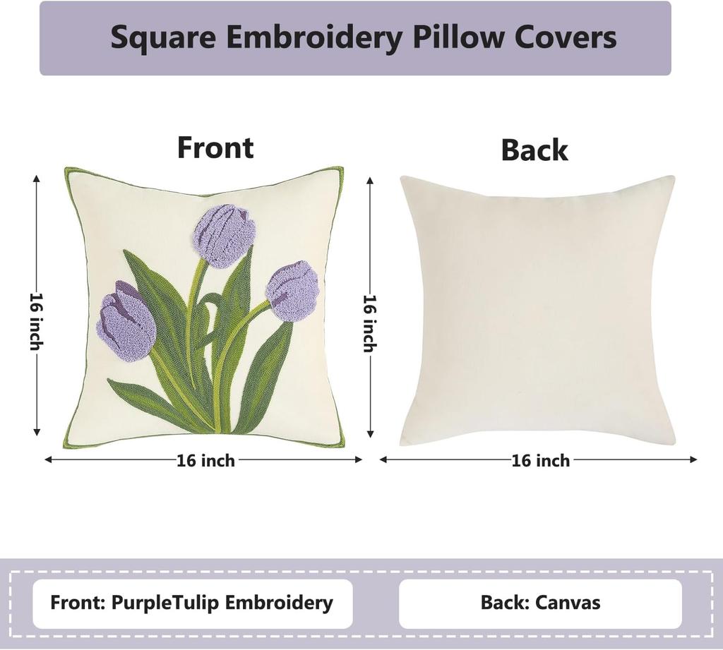 1/2pcs Valentines Day Lilac Pillow Covers Tulip Embroidery Throw Pillow Covers Flower Pillowcases Floral Farmhouse Pillow Cases