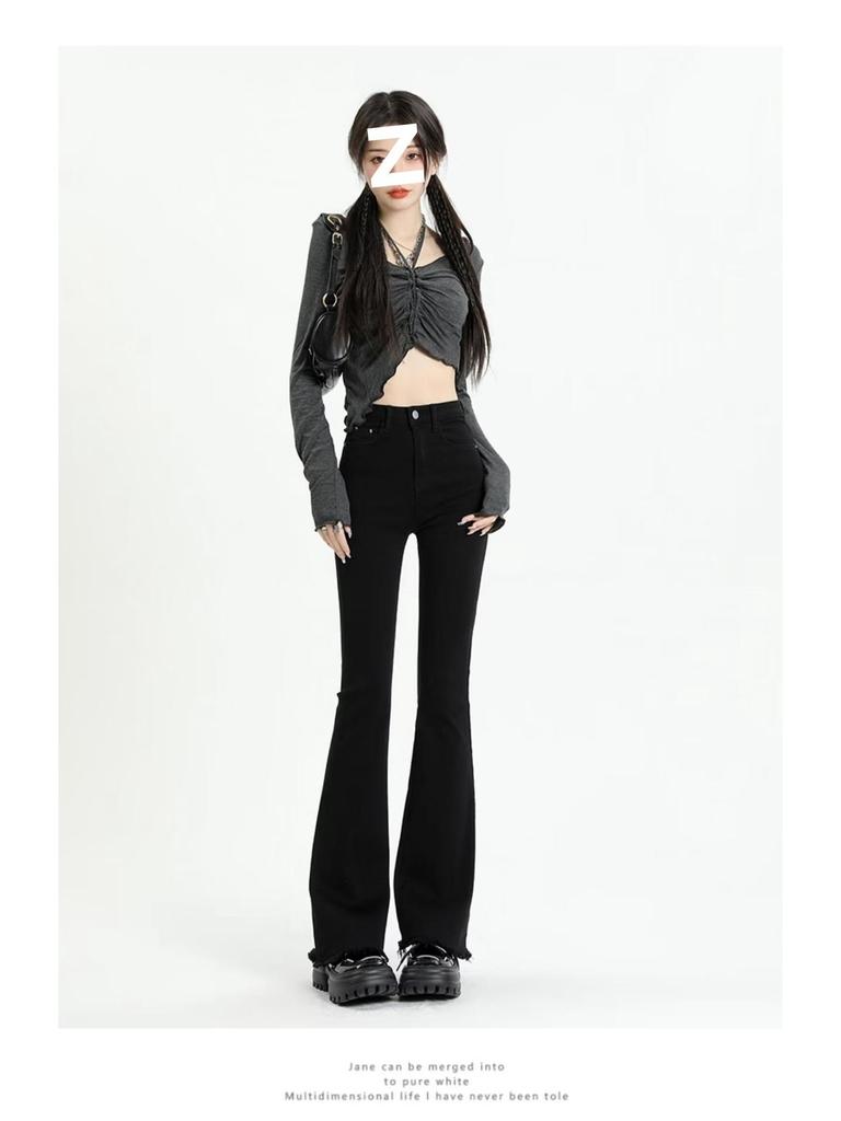 Spring/Summer Women's Black-Gray Frayed Micro-Flare High-Waisted Jeans