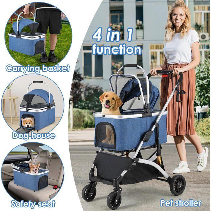 Foldable 3-in-1 Dog Cat Stroller, Pet Stroller with 360° Wheels, Storage Basket, Mesh Window, Cup Holder