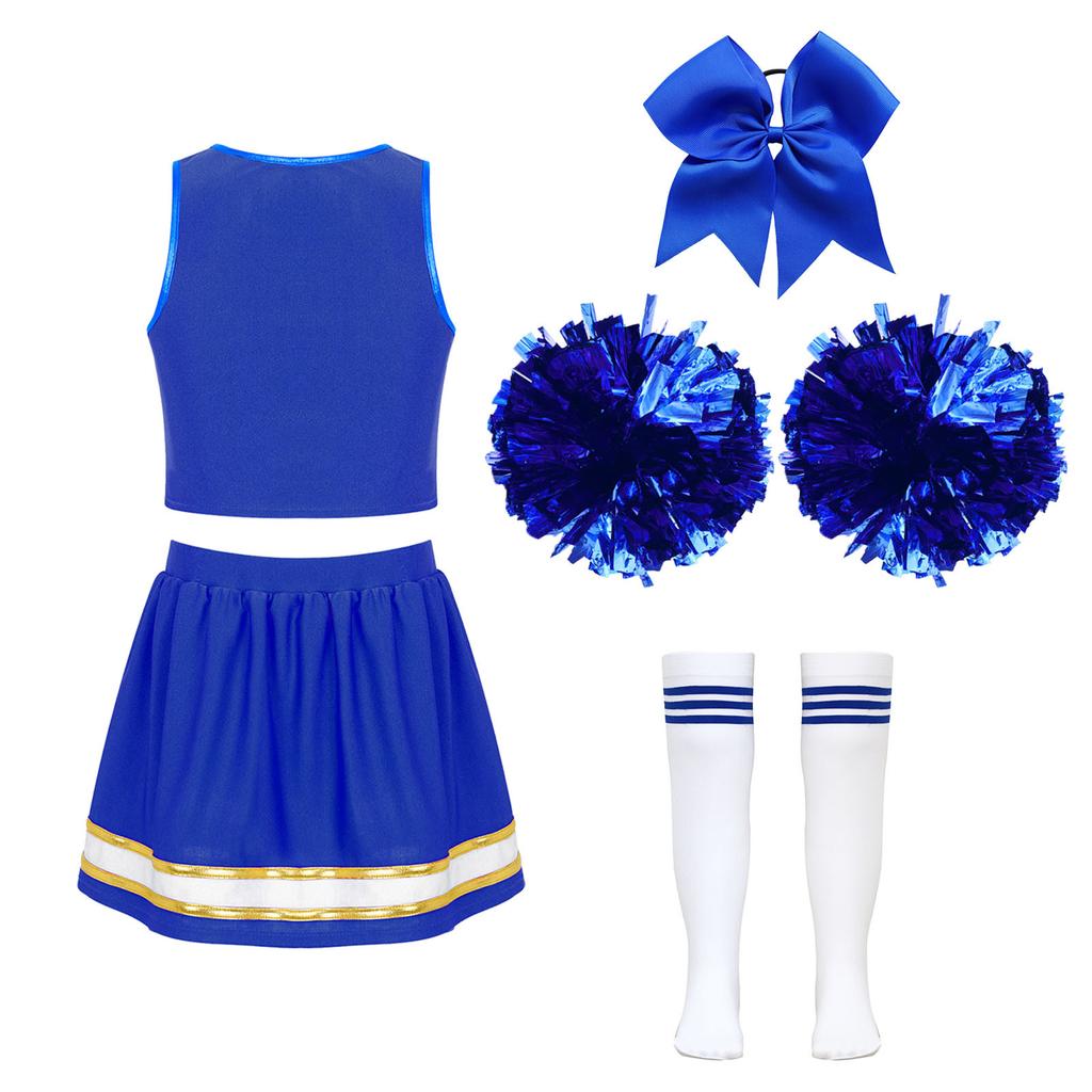 Girls Cheerleading Outfit Sleeveless V Neck Letter Print Crop Top Elastic Waist Skirt Bowknot Headwear Hand Flowers Socks