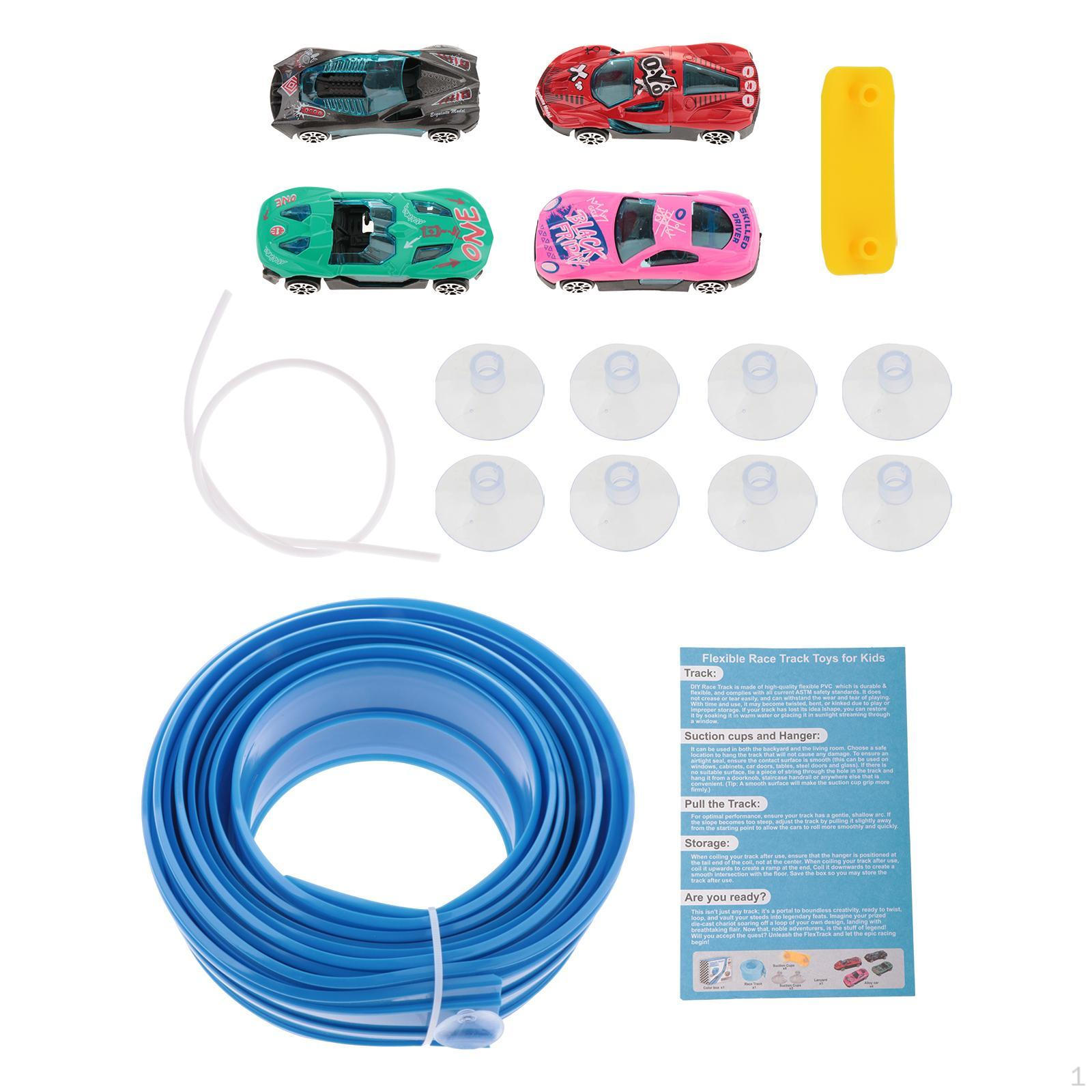 

15 ft Bendable Racetrack with 4 Alloy Cars Kit Strong Suction Cups Multifunctional for Powered Race синий