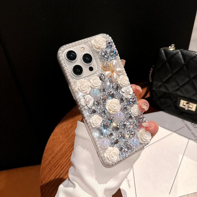 

Korean Rhinestone Pearl Rose Phone Case for iPhone 16 Pro Max, 14 Plus, 13 - Luxurious Female Design iPhone 16 Pro Max