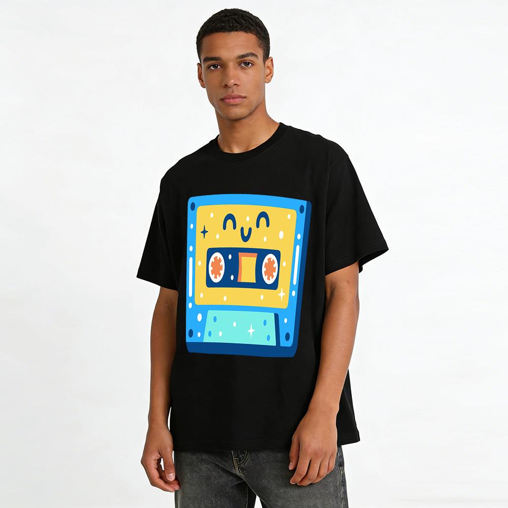 Retro Smiley Face Cassette Print T-Shirt Unisex Vintage Casual Loose Crew Neck Top Pure cotton T-shirt