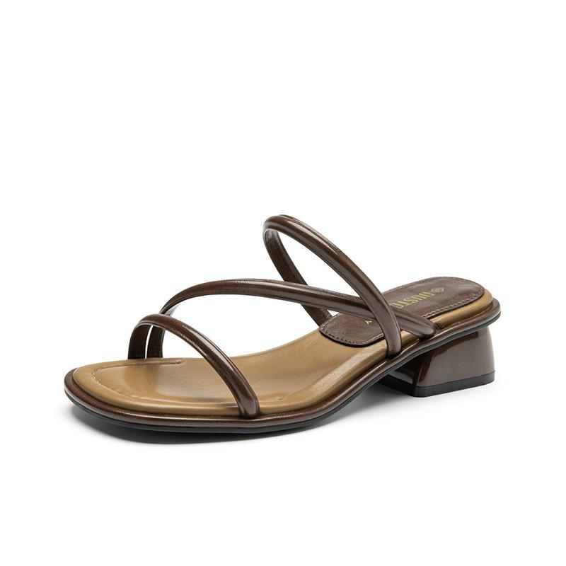 

Тапочки женские летние новые прохладные тапочки с юбкой модные на среднем каблуке женские сандалии женские шлепки 40 темно-коричневого