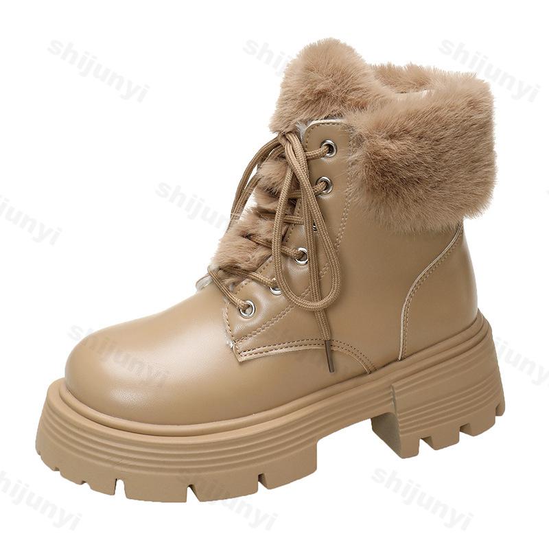 Women's Ankle Boots British-Style Plush-Lined Block-Heeled Warm Snow Boots Lace-Up Thick-Sole Short Boots for Women Botas Mujer