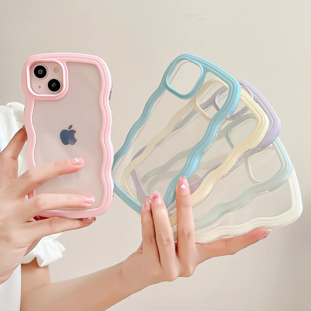 Fashion Transparent Curly Wave Case for iPhone 16 11 12 13 14 15 Pro Max Plus17 Air Shockproof Bumper Cover Capa Aesthetic