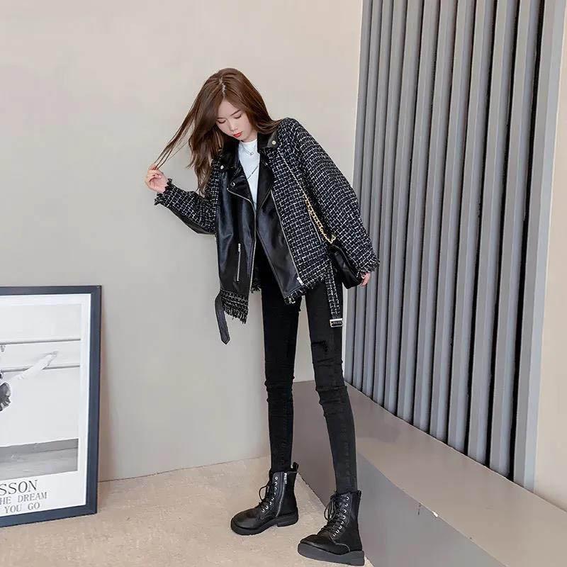 

Женская кожаная куртка весенне-осенних моделей, универсальная свободная короткая куртка для маленьких детей S