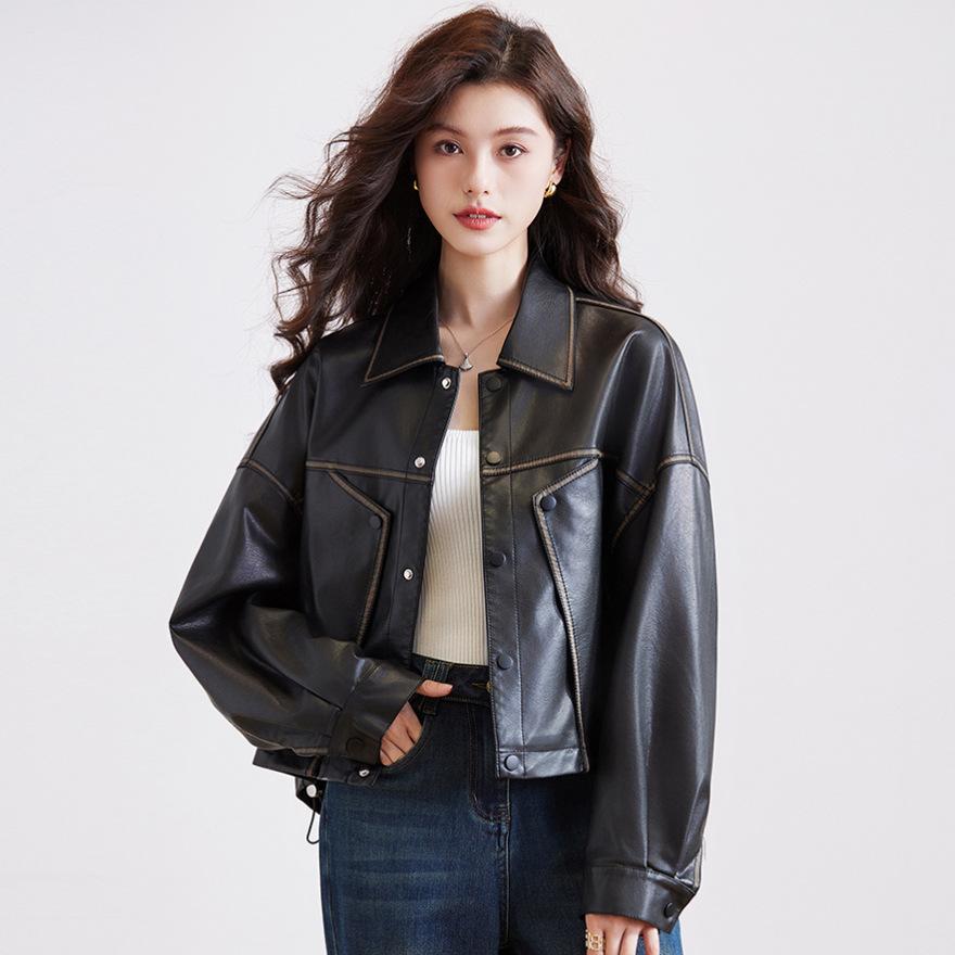 Fashion loose shoulder sleeves black leather jacket spring and autumn new fashion versatile locomotive style leather jacket women