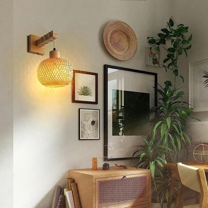Wall Lights with E27 Base Type Bamboo Rattan Wicker Design Chandeliers Apply for Home Living Room Decorative Wall Lamps Fixtures