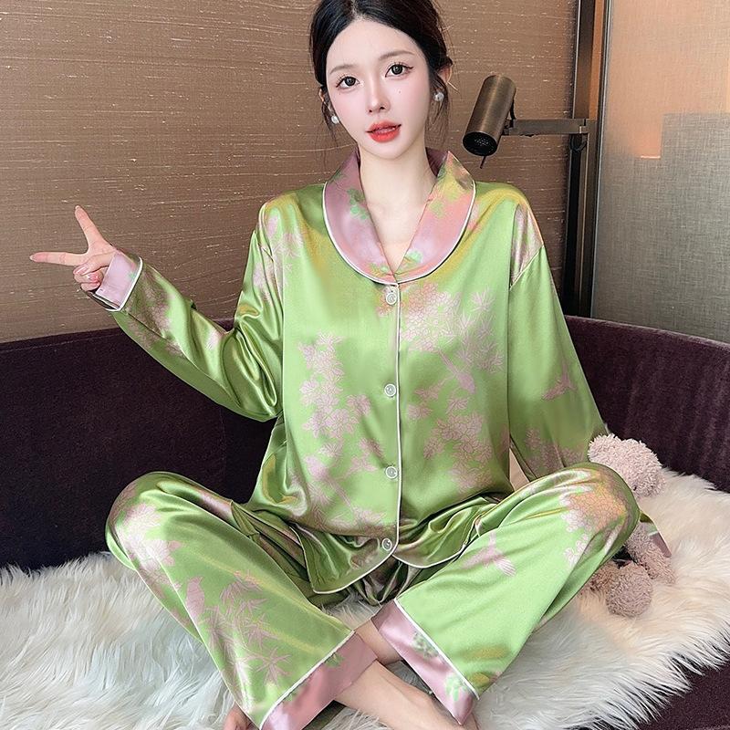 Luxury Floral Ice Silk Pajamas Girls Long-Sleeved Trousers Spring And Summer Thin Cool Loose And Thin Loungewear Real Shot