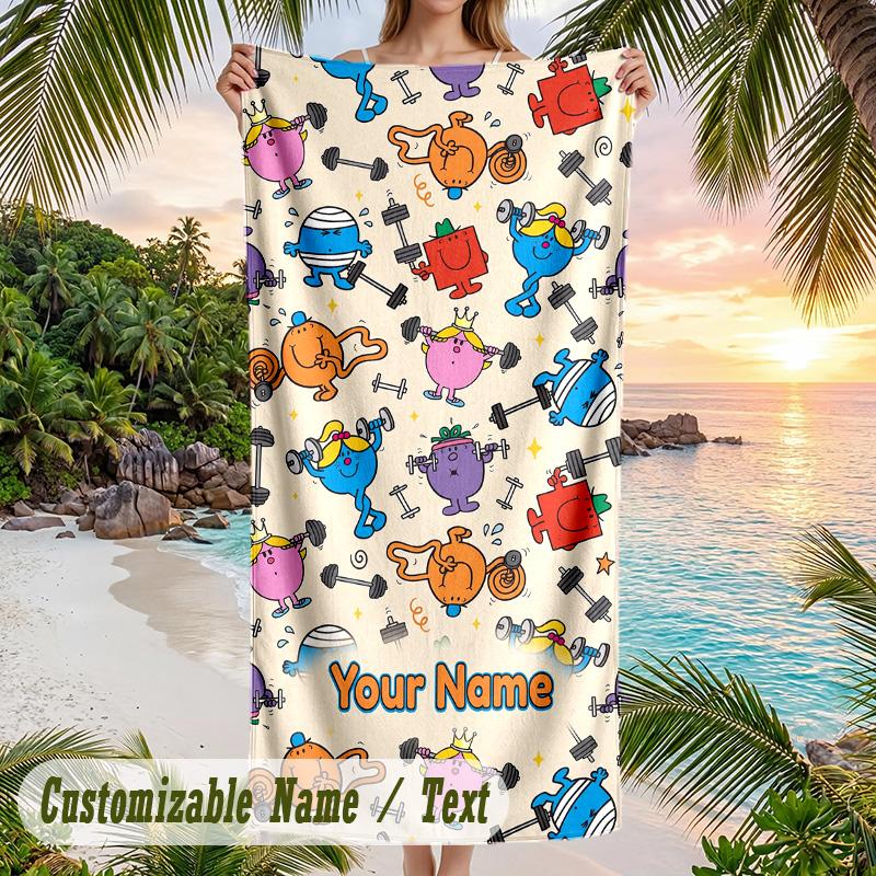 Mr. Men & Little Miss Beach Towel, Personalized Custom Text, Quick Dry Soft Large Towel For Swimming Pool Travel