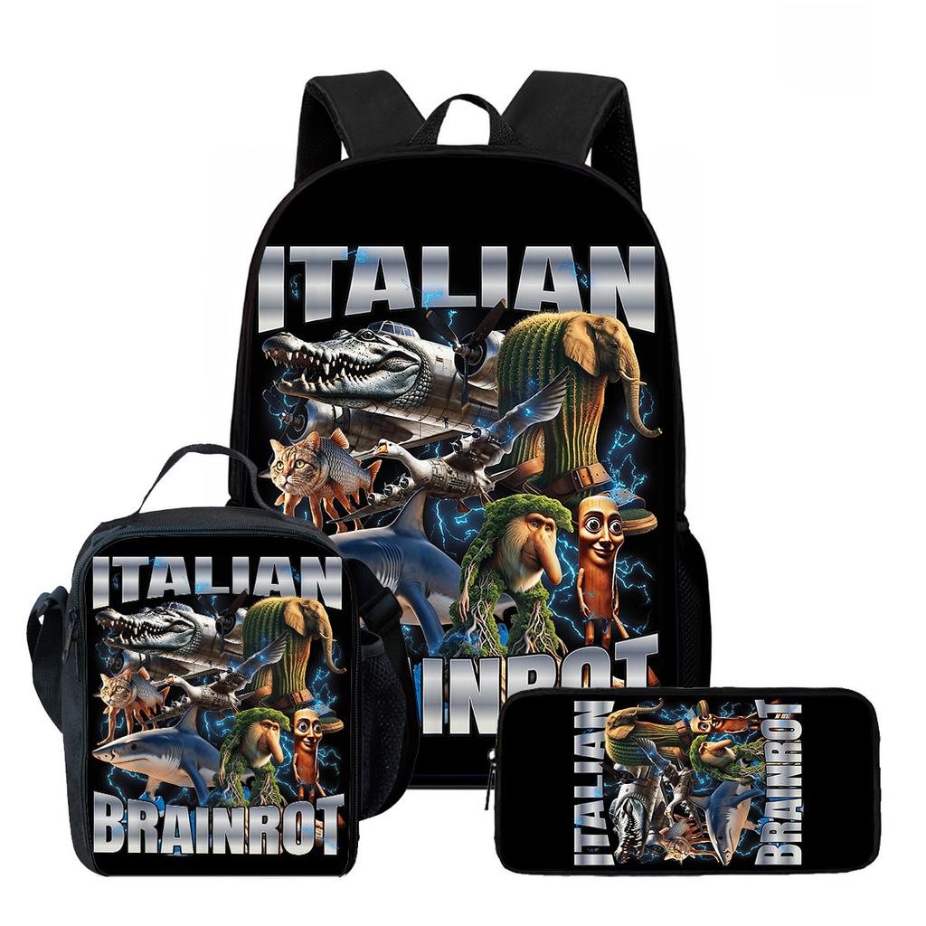 Pcs Set Brainrot Cartoon Child School Backpack with Lunch Bags ,Pencil Bags ,School Bags for Boys Girls Best Gift