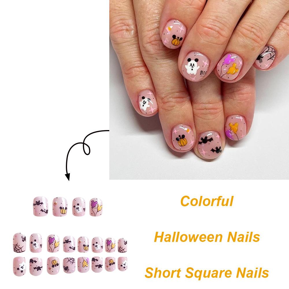 24pcs Press On Nails Halloween Short Square Nails Ears Ghost Pumpkin Balloons Halloween Elements False Nails Finished Wearable Nails Holiday Manicure