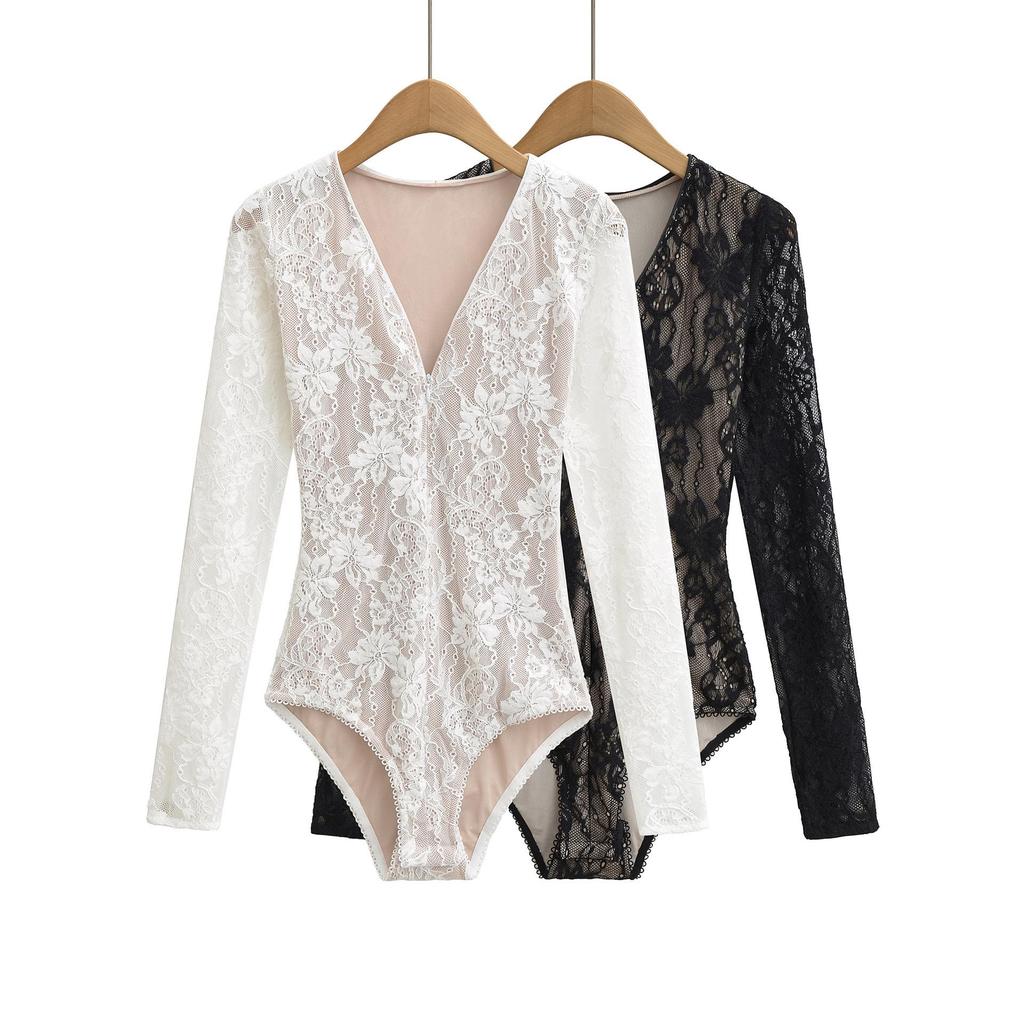 Elegantní krajkový body 2026 se zipem a výstřihem do V - Stylový, zeštíhlující top s dlouhým rukávem