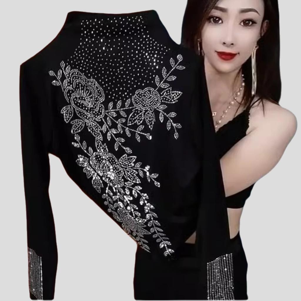 Autumn Winter Women's Fleece-lined Base Shirt Soft and Warm Double-sided Fleece Base Shirt Rhinestone Slim-fit Long-sleeve Stretch T-shirt