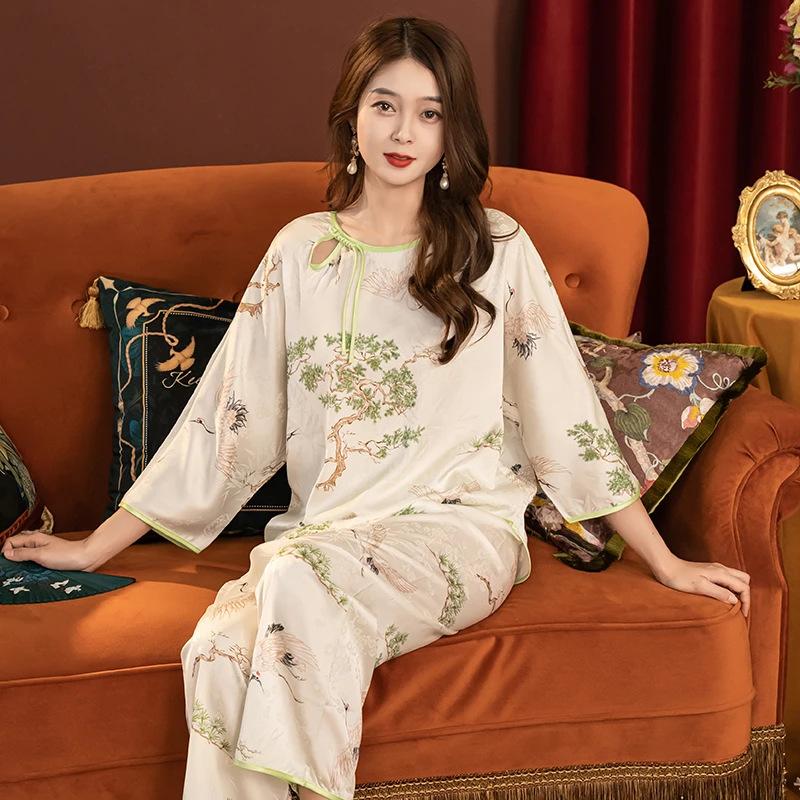Da Vinci password pajamas women's pullover new Chinese style ice and snow silk seven-quarter sleeve silk loungewear set imitation silk