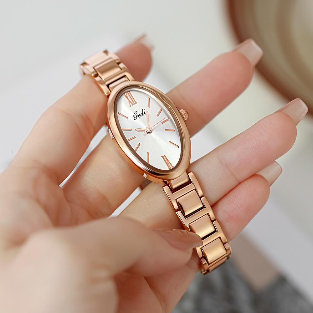 Ceas de damă cu cuarț, design oval, cu bandă de oțel, mic, verde, temperament simplu, pentru navetiști