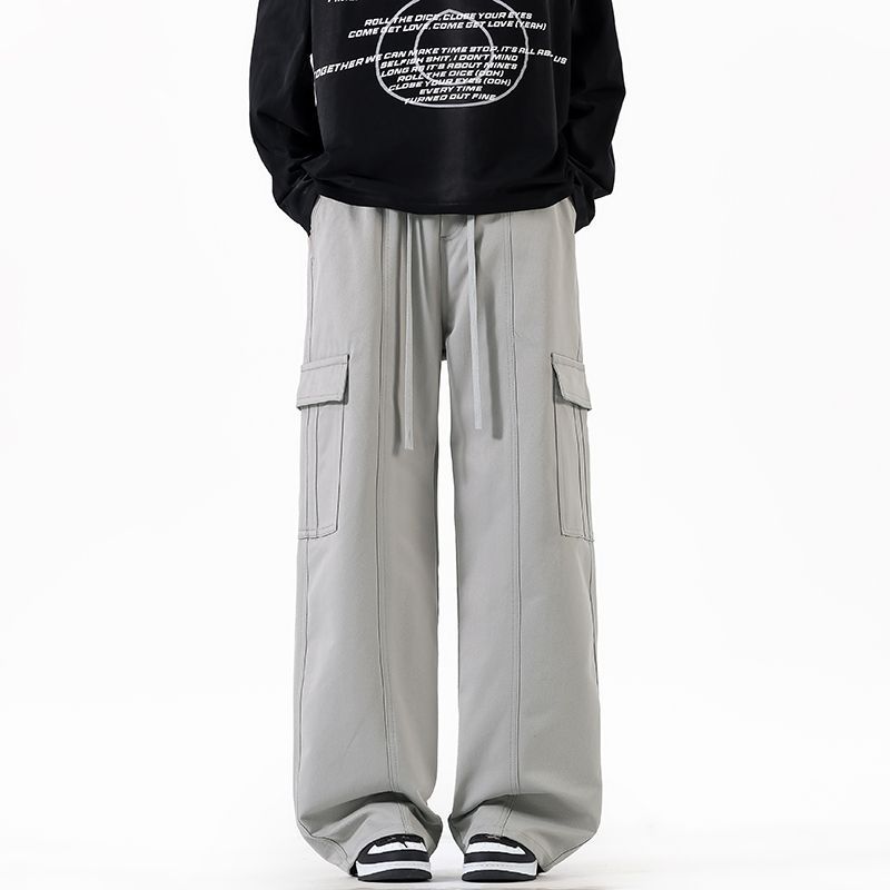 Solid color simple trendy brand splicing tooling casual pants men's trendy loose wide-leg straight elastic waist long pants men