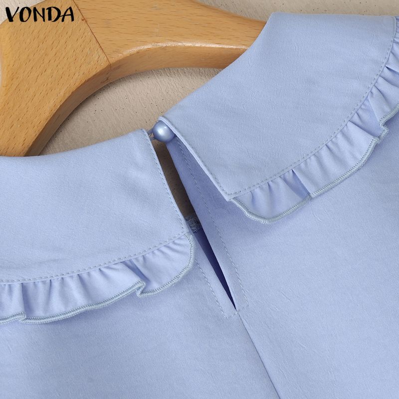 VONDA Women Casual Turn Down Collar Flare Sleeve Casual Loose Blouse