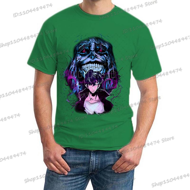 Japanese Anime Solo Leveling T Shirt Men Sung Jinwoo God Statue Cartoon Graphic Tees Harajuku Short Sleeve High Quality Tshirt