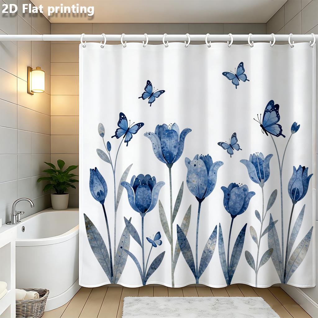 

Blue Watercolor Tulip Shower Curtain 1Pc Polyester 2D Flat Print 70.8X70.8 Butterflies & Stems On White Base W60H190(CM)-1 Pcs