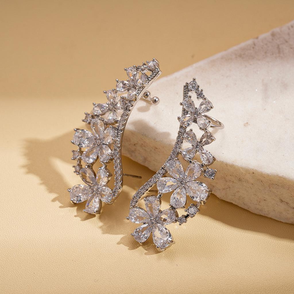 Wind zircon hollow flower silver needle stud earrings exquisite earrings