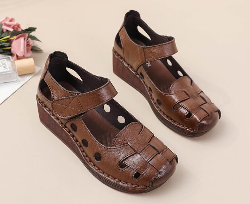 Cowhide Retro Wedges Sandals For Women's Summer New Cow Tendon Soft Sole Genuine Leather Mother's Shoes Thick Sole Women's Shoes