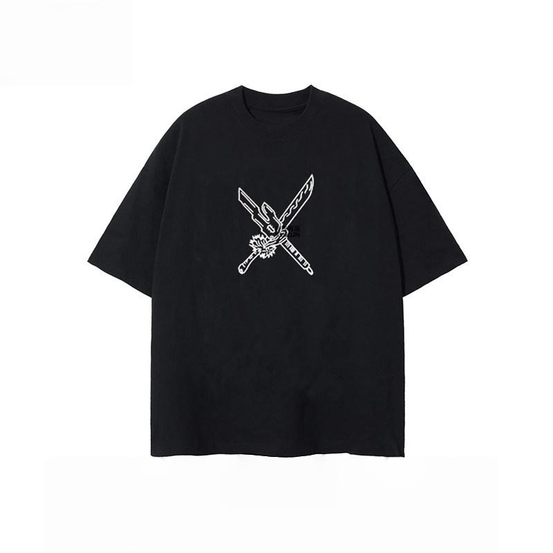 Vintage Chinese Ink Broken Dagger Vertical Text Print Tshirt Unisex Black Cotton Loose Oneck Casual Short Sleeve Graphic Tee