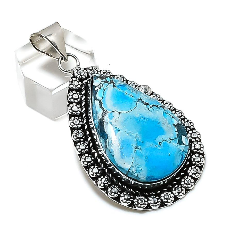 Natural Tibetan Turquoise Gemstone 925 Sterling Silver Pendant 2.25" ETC-14208