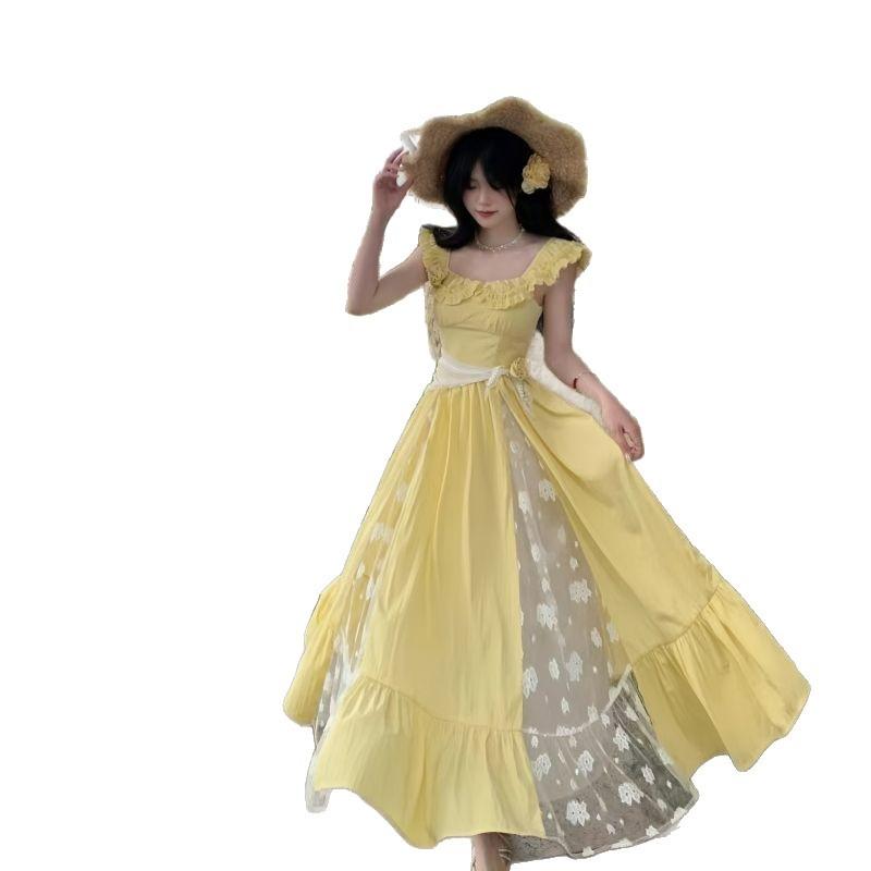 Summer Bohemian Super Fairy Suspender Dress Women's New Xiaofei Sleeve Lace Splicing Waist Long Dress