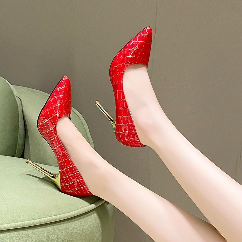 Women's French-Style Pointed Toe Stiletto Heels - 2024 Spring/Autumn Collection, Large Size, Patent Leather Snake Pattern