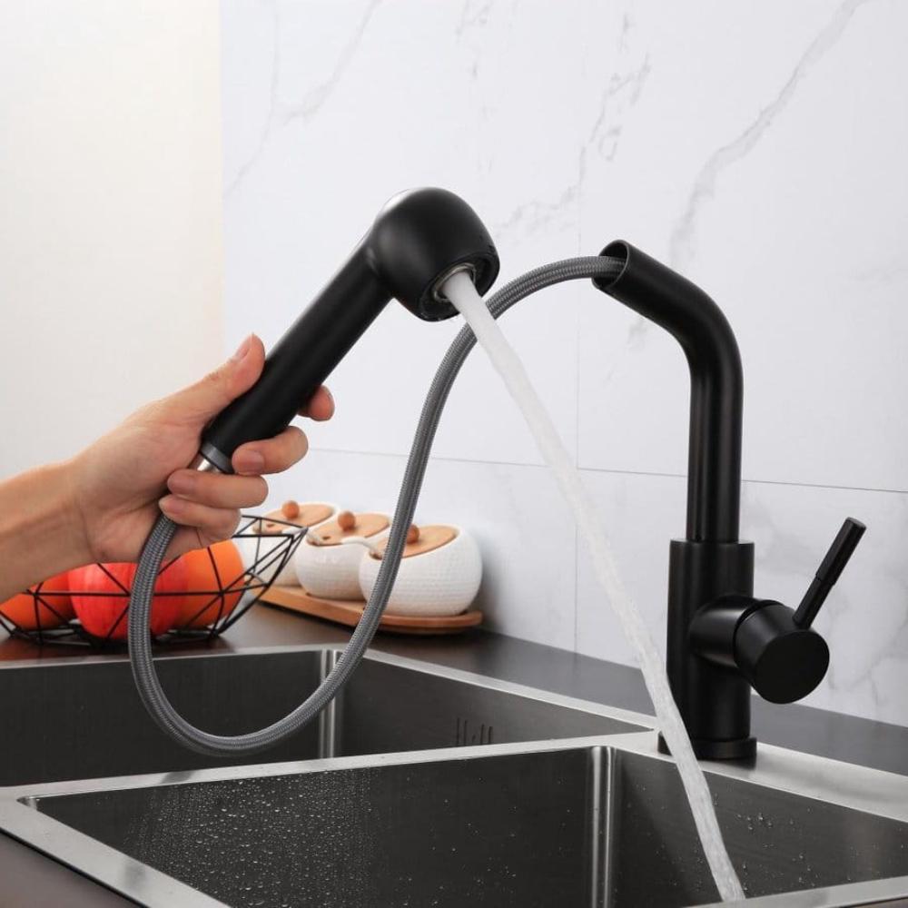 Küchenarmatur mit ausziehbarem Auslauf 360°, schwarz, freistehend, Spüle