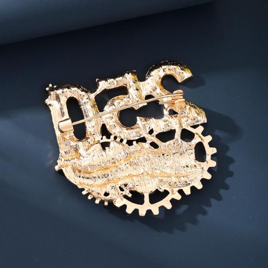Women Brooch Golden 3D Number 250 Rhinestones Mechanical Gear Base Metallic Design Brooch Pin Sparkling Number Badge