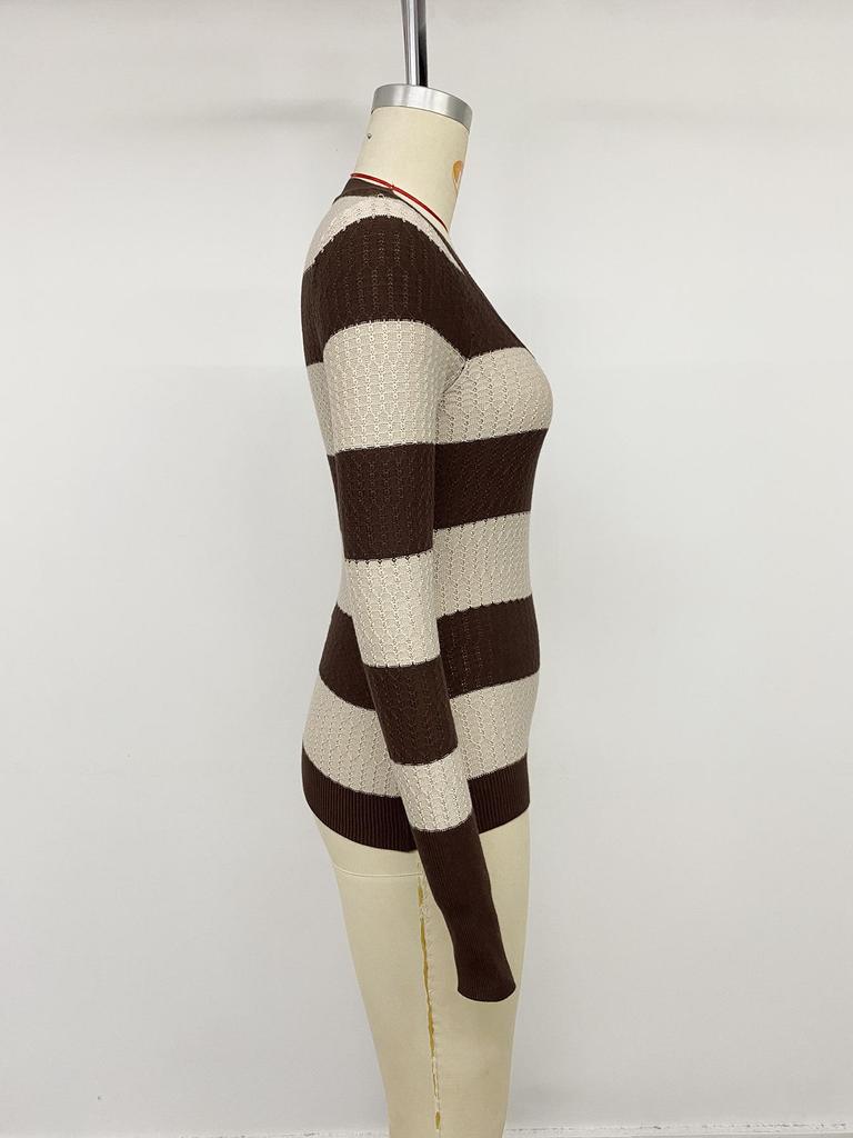 2026 Autumn Winter Slim-fit V-neck Stripe & Wave Pattern Long Sleeve Knit Sweater for Women