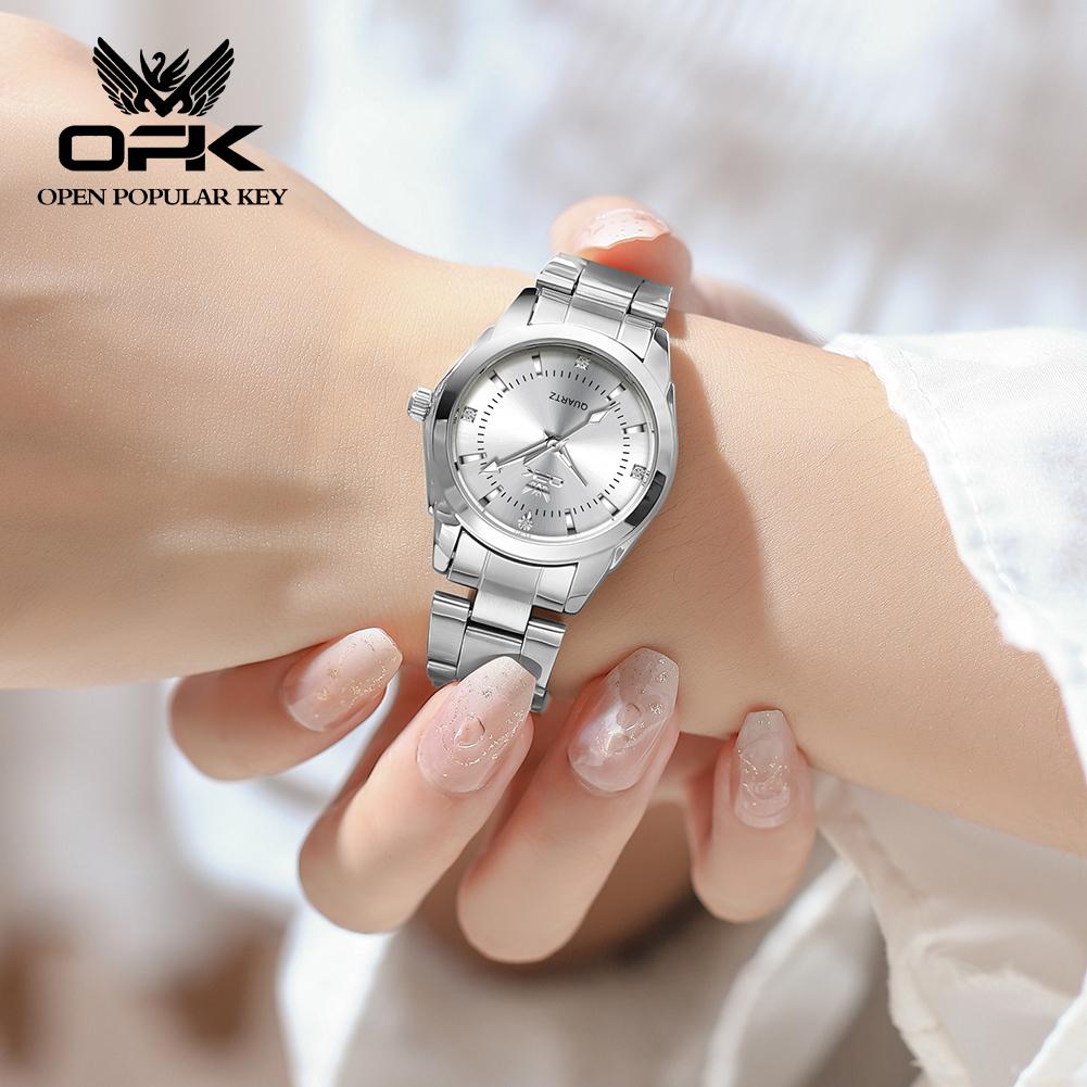 OPK Brand Luminous Waterproof Three-Pin Real Nail Scale Steel Belt Ladies Quartz Watch 6002