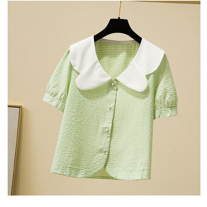 

Womens Gingham Peter Pan Collar Short Sleeve Button Up Blouse L зелёный