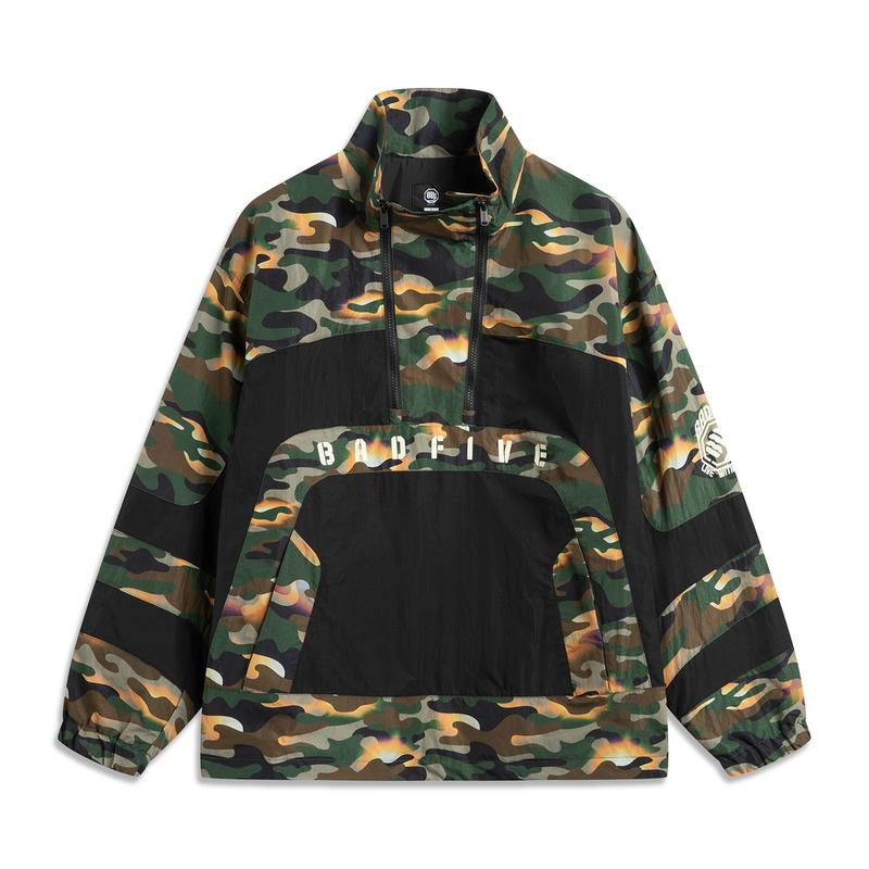 Li-Ning Comfortable Simple Stand Collar Pullover Loose Letter Color Block Jacket Men Jacket Jungle-Camouflage Black AFDV733-4
