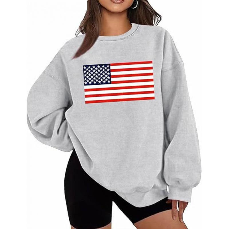 Women's Gothic Harajuku Plus Size Round Neck Hoodie with American Flag Print