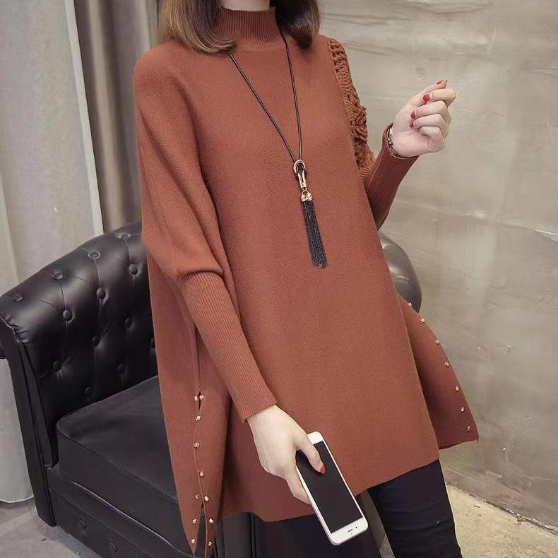 Spring Autumn Winter  Loose Sweater, Coat, Women's Pullover with A Half-high Collar Scented, Beaded