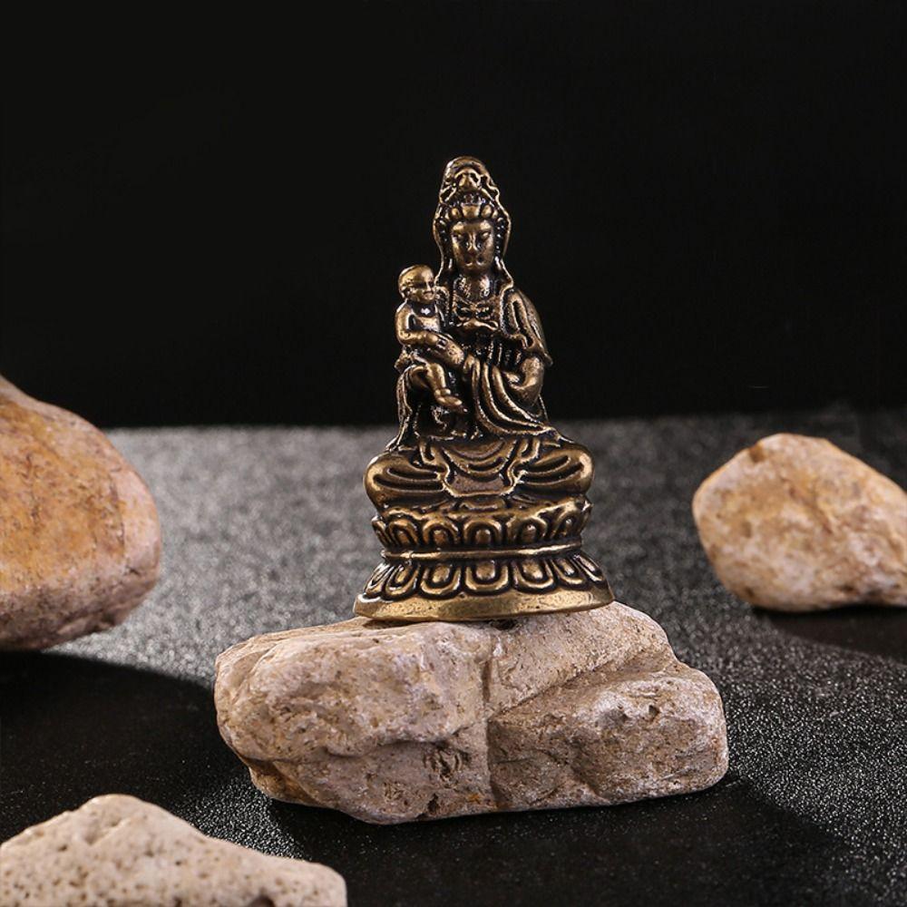 Mini Guanyin Buddha Statue Meditate Brass Buddha Ornament GuanYin Bodhisattva Ornament  Toy Gift