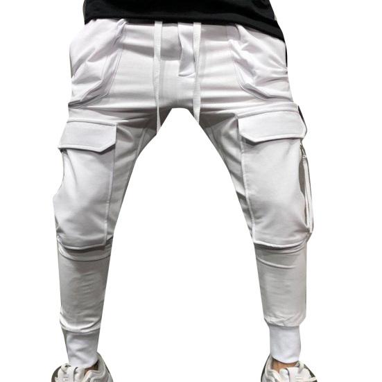 Sporty Men Solid Color Drawstring Multi-pockets Cargo Pants Ankle Tie Trousers