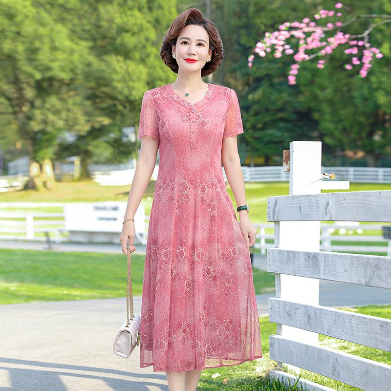 Floral Print Maxi Dress Middle Aged Women Summer The Season Slimming Tunic Length Skirt XXXXXL розовый