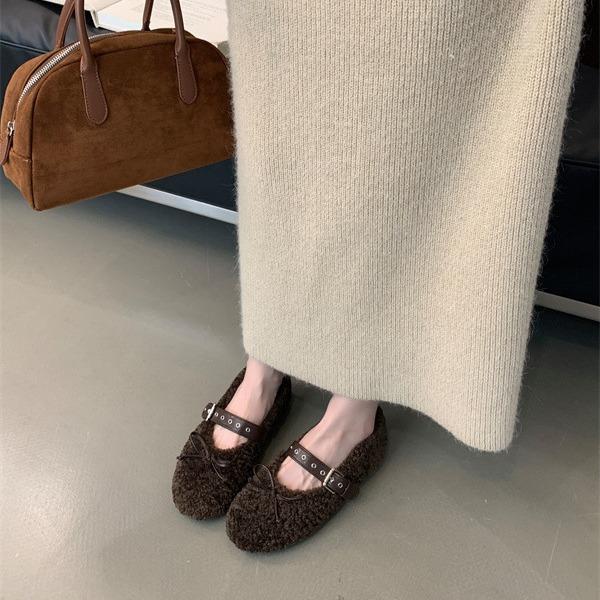 2025 Autumn and Winter Comfortable Versatile Bow Cotton Shoes Round Head One-word Buckle Casual Fluffy Shoes